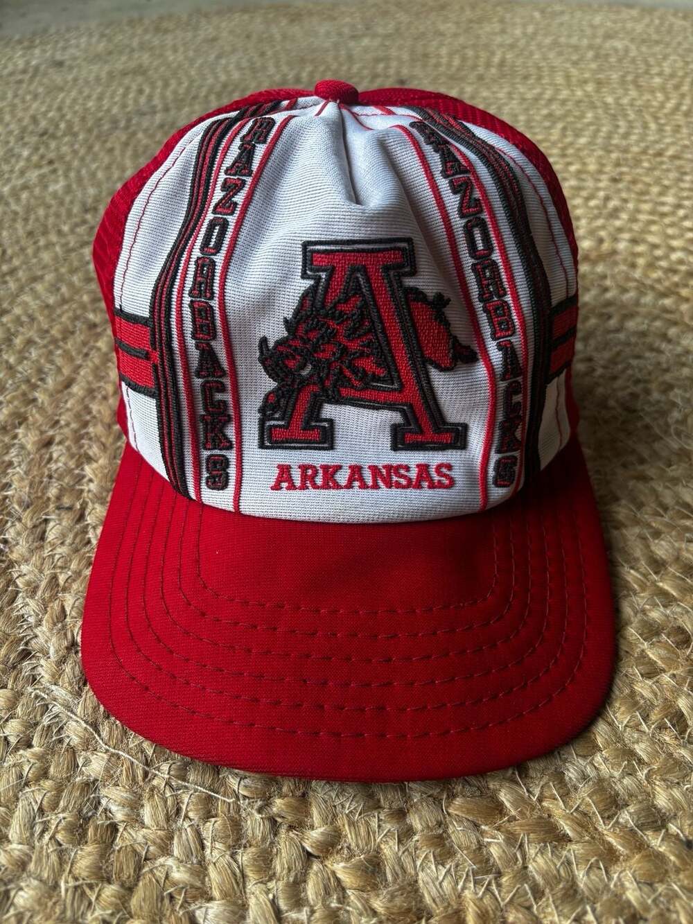 Vintage Arkansas Razorbacks Snapback Trucker Hat Red White